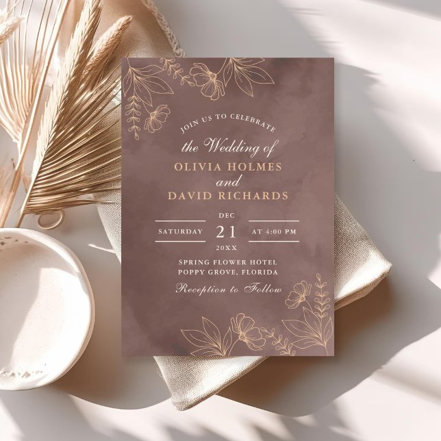 Invitation Carton d'invitation de mariage Fleur de Pêcher en  (Terracotta Peach Floral Blossom Wedding Invitation on a sunny boho table.)