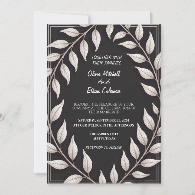 Invitation Carton d'invitation de mariage Fleur élégant noir  (Devant)