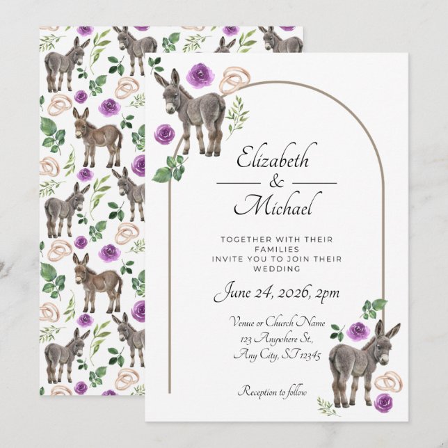Invitation Carton d'invitation de mariage fleuri violet Âne r (Devant / Derrière)