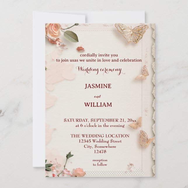 Invitation Carton d'invitation de mariage Fleurs élégantes Pe (Devant)