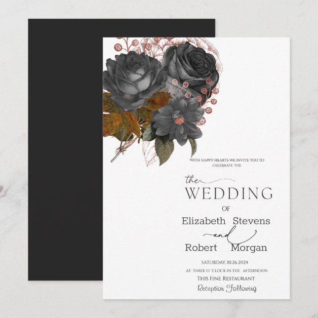 Invitation Carton d'invitation de mariage Fleurs noires éléga (Devant / Derrière)