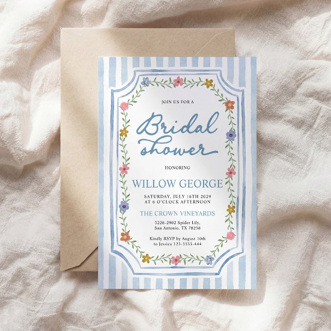 Invitation Carton d'invitation de mariage floral à rayures bl (Créateur téléchargé)