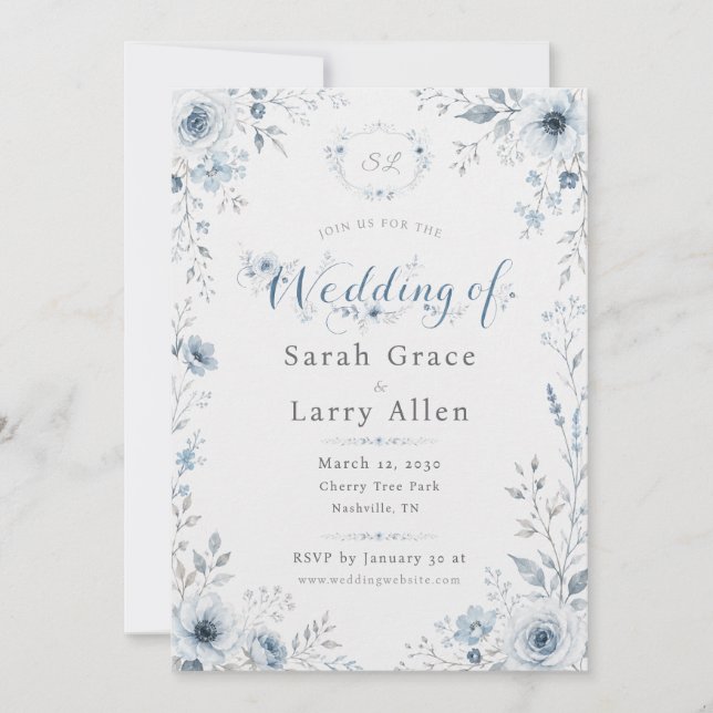 Invitation Carton d'invitation de mariage floral aquarelle bl (Devant)
