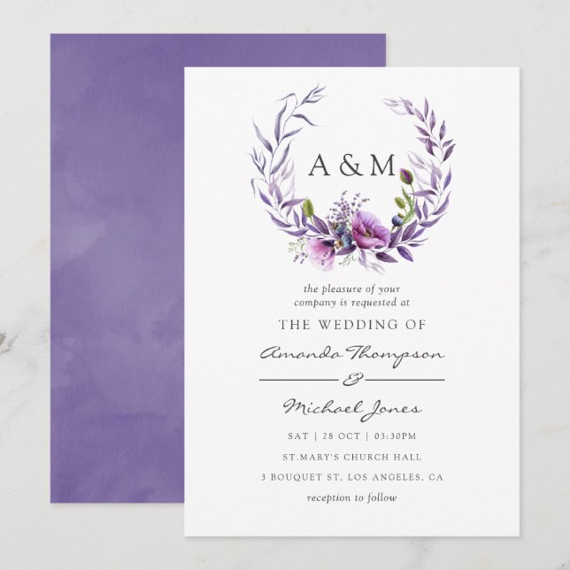 Invitation Carton d'invitation de mariage floral au pavot vio (Devant / Derrière)