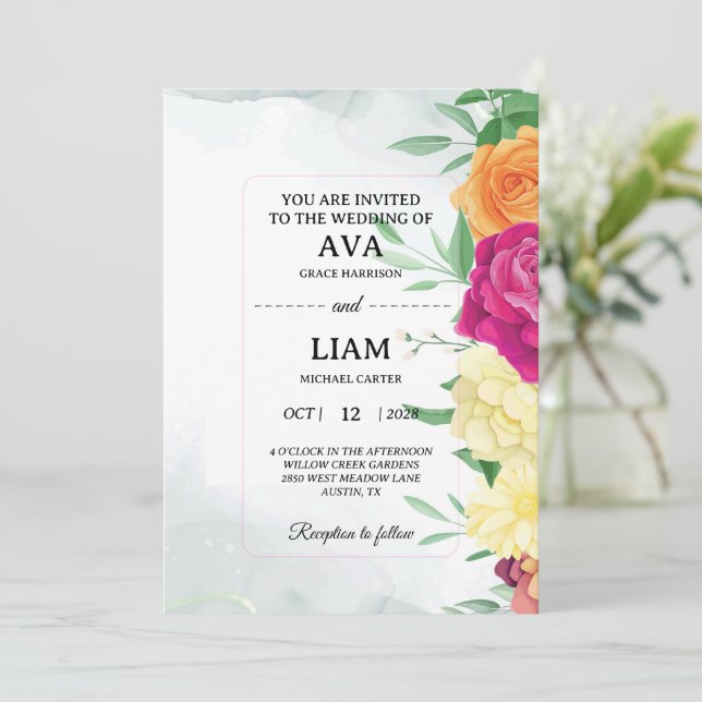 Invitation Carton d'invitation de mariage floral avec texte e (Debout devant)