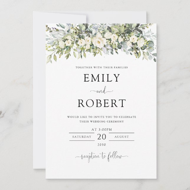 Invitation Carton d'invitation de mariage floral blanc (Devant)