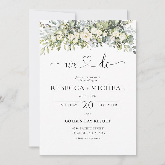 Invitation Carton d'invitation de mariage floral blanc (Devant)