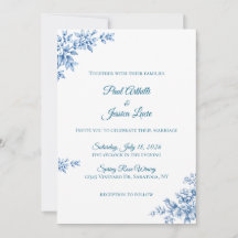 Carton d'invitation de mariage floral bleu et blan