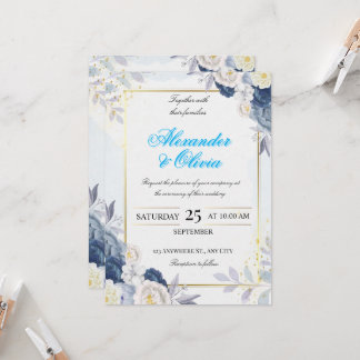 Invitation Carton d'invitation de mariage floral bleu et or