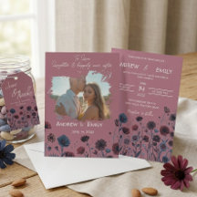 Carton d'invitation de mariage floral bleu et viol