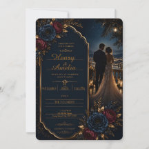 Carton d'invitation de mariage floral bleu marine