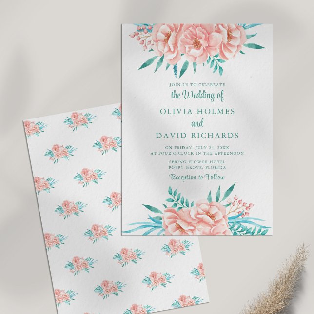 Invitation Carton d'invitation de mariage floral boho pêche e (Boho Peach and Turquoise Floral Wedding Invitation on white table.)
