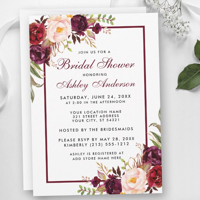 Invitation Carton d'invitation de mariage floral bordeaux (Customize to change text size, text style or text color.)