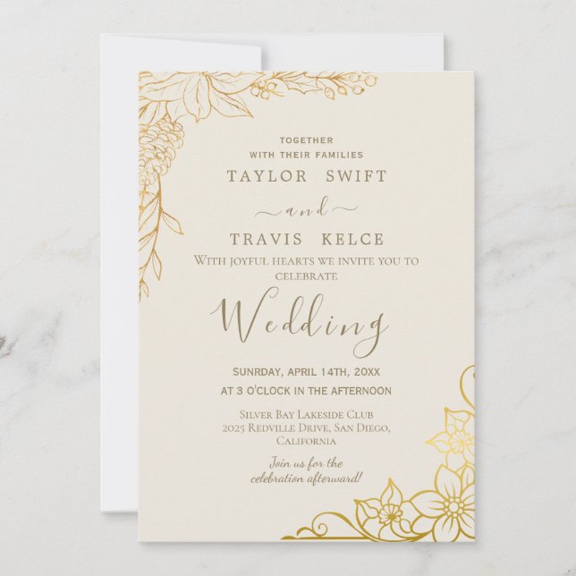Invitation Carton d'invitation de mariage floral doré crème e (Devant)
