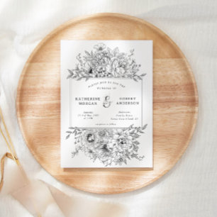 Invitation Carton d'invitation de mariage floral élégant noir