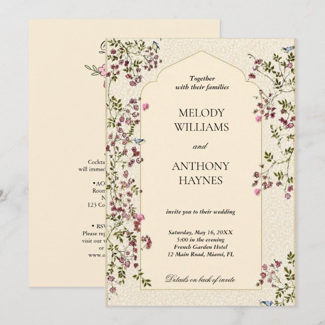 Invitation Carton d'invitation de mariage floral élégant viol (Devant / Derrière)