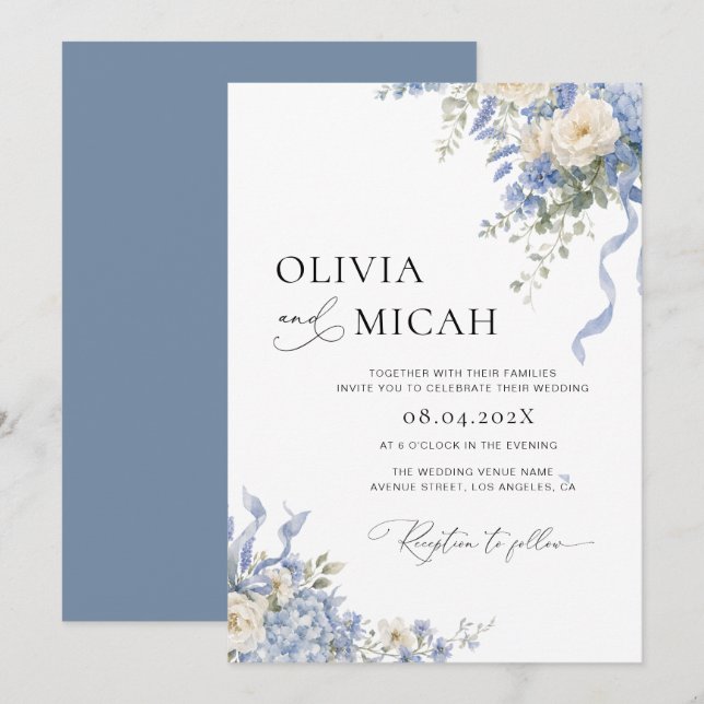 Invitation carton d'invitation de mariage floral hydrangea bl (Devant / Derrière)