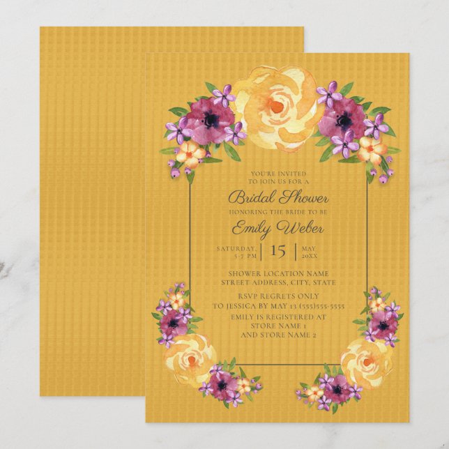 Invitation Carton d'invitation de mariage floral jaune moutar (Devant / Derrière)
