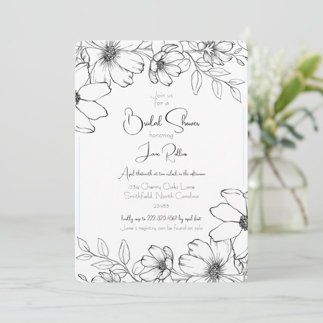 Invitation Carton d'invitation de mariage floral noir et blan (Debout devant)
