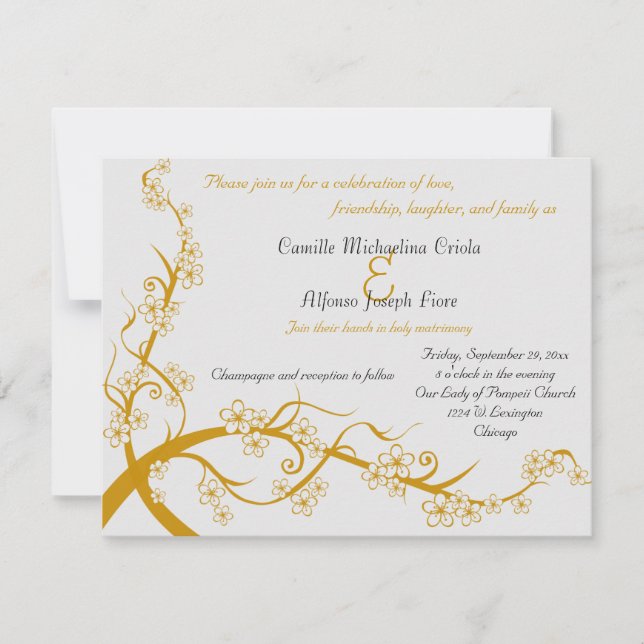 Invitation Carton d'invitation de mariage floral or (Devant)