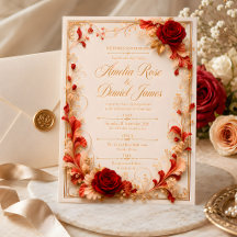 Carton d'invitation de mariage floral or et rose r