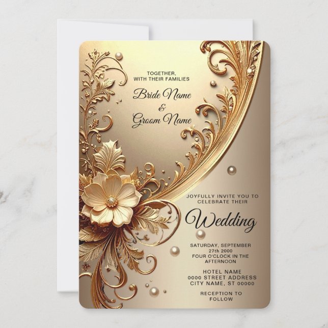 Invitation Carton d'invitation de mariage floral orné doré (Devant)
