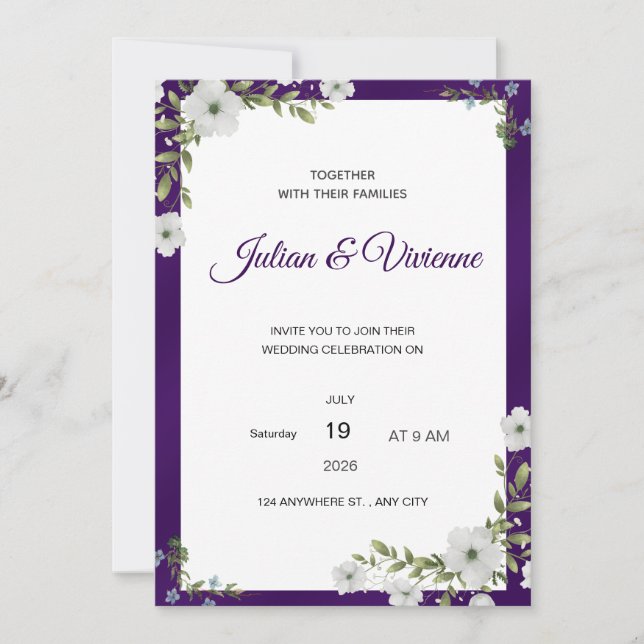 Invitation Carton d'invitation de mariage floral pourpre (Devant)