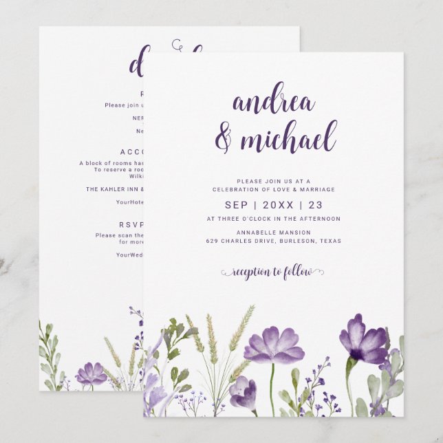 Invitation Carton d'invitation de mariage floral pourpre avec (Devant / Derrière)