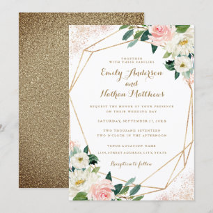 Invitation Carton d'invitation de mariage floral rose géométr