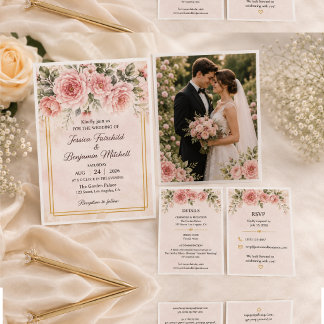 Invitation Carton d'invitation de mariage floral rose pâle él