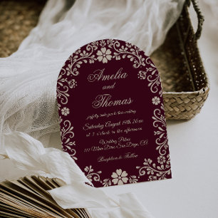 Invitation Carton d'invitation de mariage floral rouge vin me