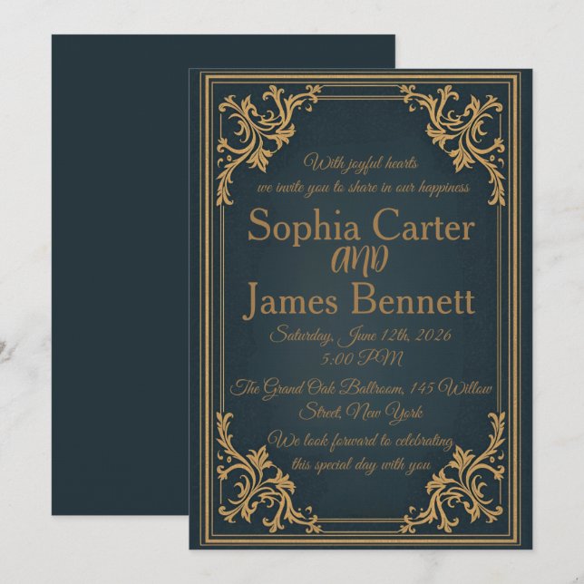 Invitation Carton d'invitation de mariage formel élégant Navy (Devant / Derrière)