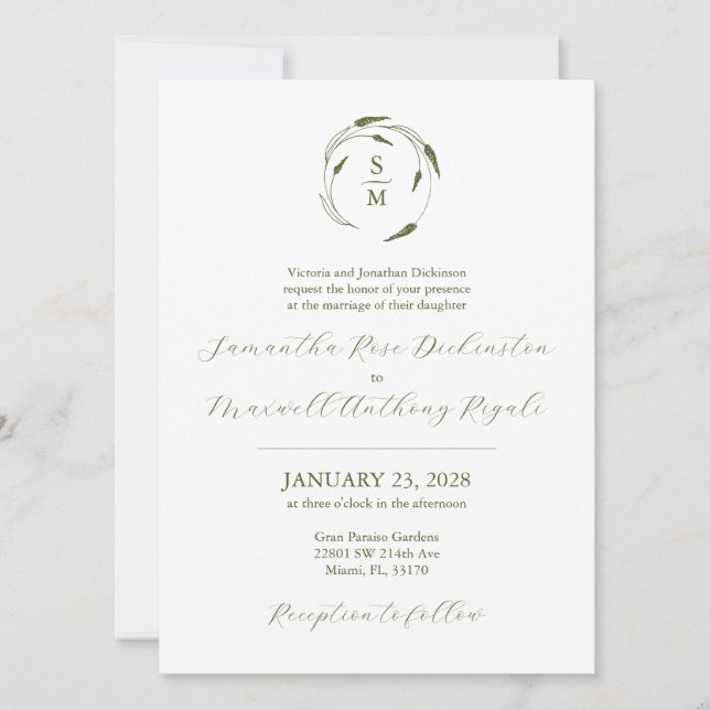 Invitation Carton d'invitation de mariage formel vert et blan (Devant)