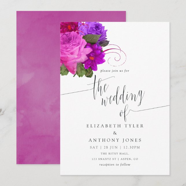 Invitation Carton d'invitation de mariage fuchsia et violet d (Devant / Derrière)