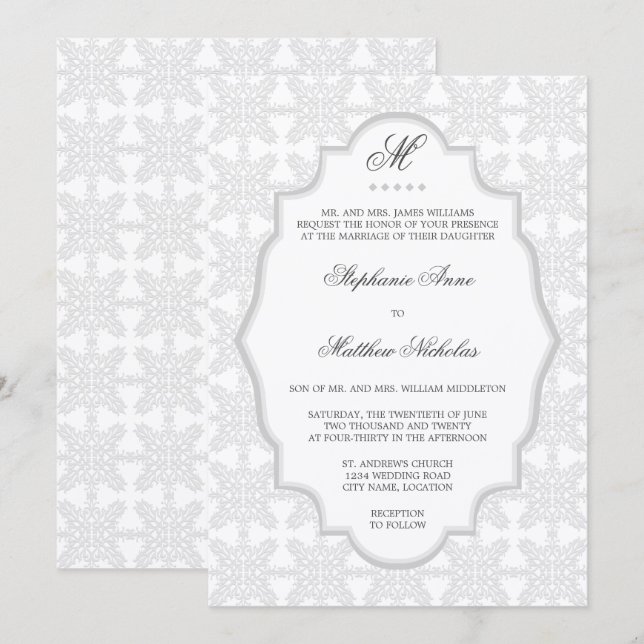 Invitation Carton d'invitation de mariage gris argent Monogra (Devant / Derrière)