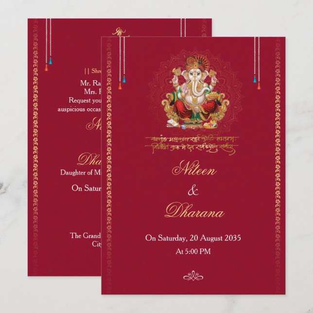 Invitation Carton d'invitation de mariage hindou Mandala Gane (Devant / Derrière)