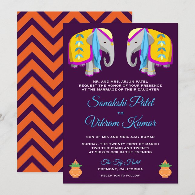 Invitation Carton d'invitation de mariage indien éléphant Art (Devant / Derrière)