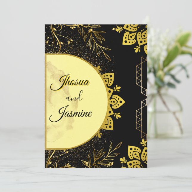 Invitation Carton d'invitation de mariage mandala noir et or  (Debout devant)