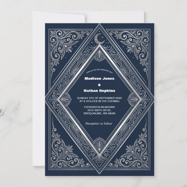 Invitation Carton d'invitation de mariage Navy Gothi Art déco (Devant)
