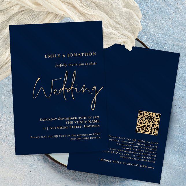 Invitation Carton d'invitation de mariage Navy Or à code QR é (Créateur téléchargé)