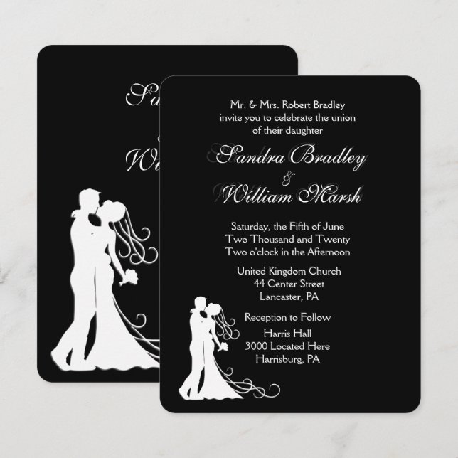 Invitation Carton d'invitation de mariage Noir Blanc (Devant / Derrière)