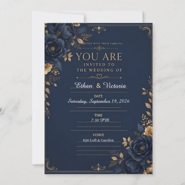 Invitation Carton d'invitation de mariage noir de luxe avec b (Devant)