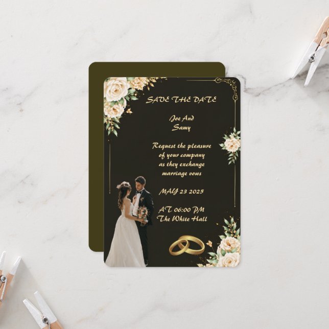 Invitation Carton d'invitation de mariage noir et or de luxe (Devant/Arrière en situation)