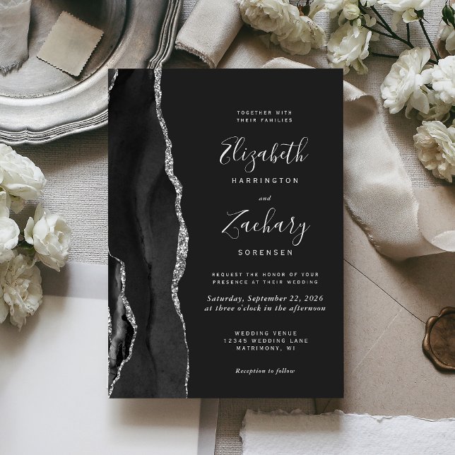Invitation Carton d'invitation de mariage noir moderne argent (Créateur téléchargé)