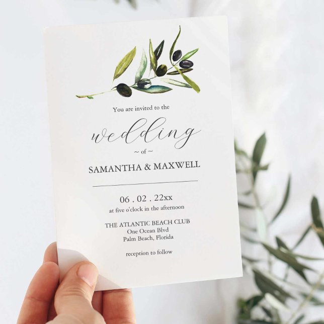 Invitation Carton d'invitation de mariage Olive avec QR Code  (Wedding invitations to buy with watercolor olive branch art by Victoria Grigaliunas Do Tell A Belle)