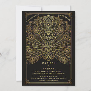Invitation Carton d'invitation de mariage Paon Art Déco Or No