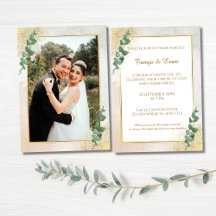 Carton d'invitation de mariage photo vert et or él