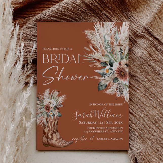 Invitation Carton d'invitation de mariage pour chaussures de  (Western Cowboy Boots Bridal Shower Invitation Card - Boho Terracotta Rustic Fall Wedding)