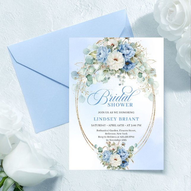 Invitation Carton d'invitation de mariage poussiéreux bleu cl (Classic Dusty Blue Peony Gold Bridal Shower Invite

)
