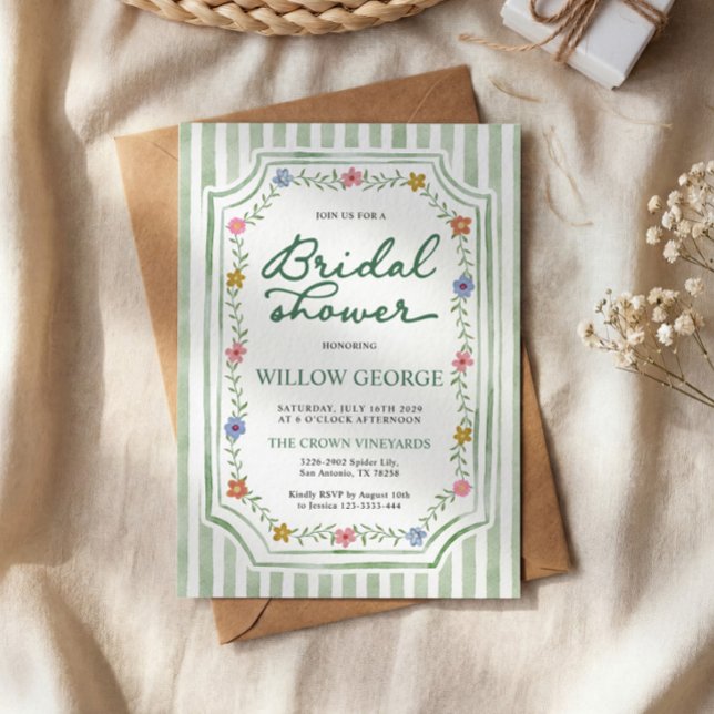 Invitation Carton d'invitation de mariage rayé vert sauge flo (Créateur téléchargé)